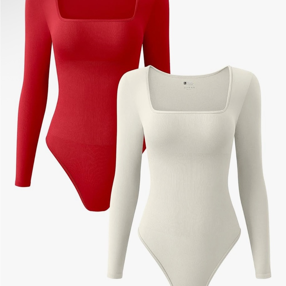 Women's Red and White Long Sleeve Bodysuit